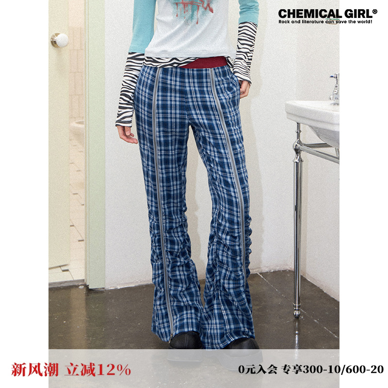 化学少女「自由宣言」中腰休闲显瘦蓝白拼接撞色格纹褶皱喇叭裤女