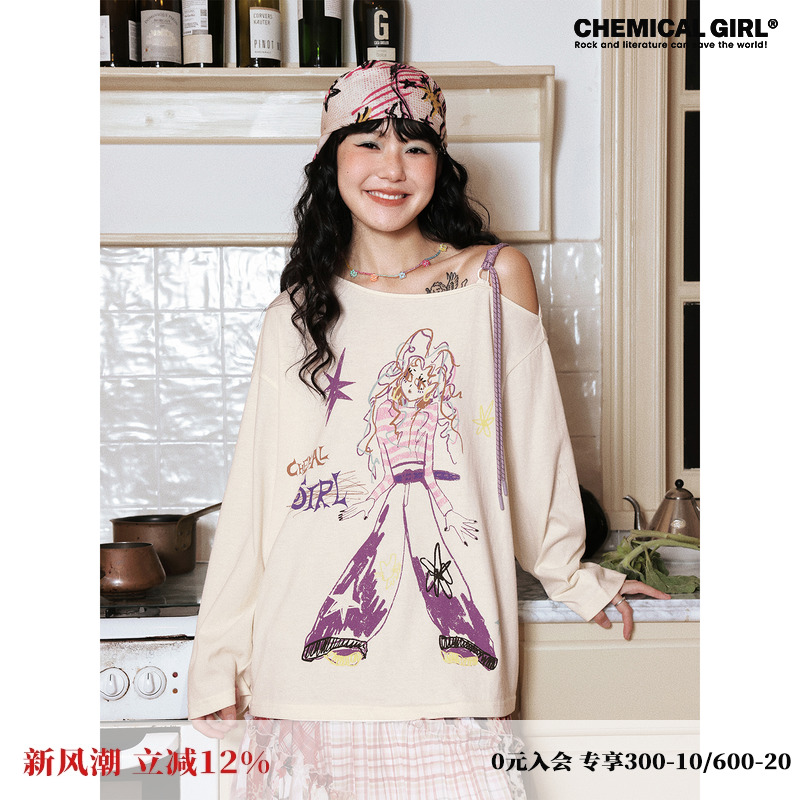 白色宽松露肩长袖T恤衫女