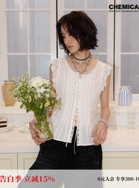 化学少女「夏夜星辉」浪漫拼接蕾丝花边绑带收腰小飞袖无袖衬衫女