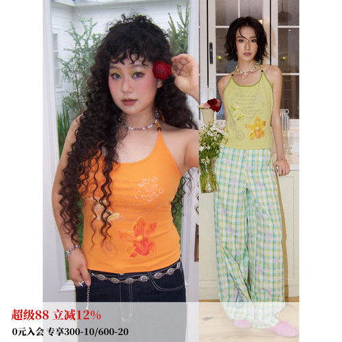 彩色挂脖系带印花外穿吊带背心女