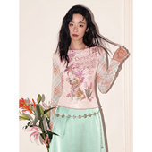 化学少女「小狗画报」一字肩卷边印花复古俏皮网纱长袖 T恤女上衣