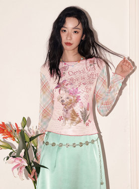 化学少女「小狗画报」一字肩卷边印花复古俏皮网纱长袖T恤女上衣