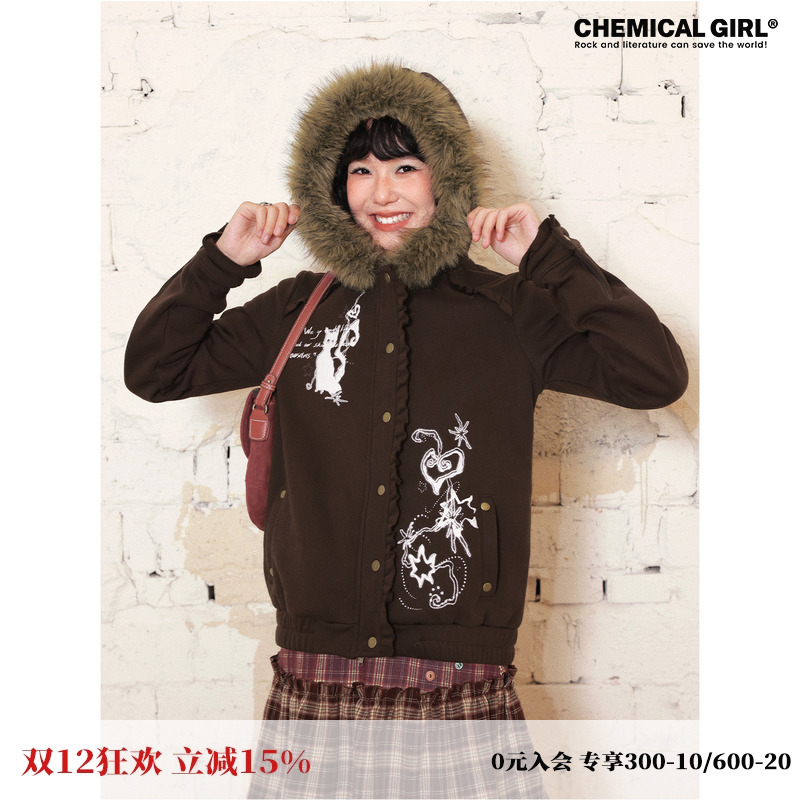 化学少女「小猫契约」深棕色印花外套女保暖毛领连帽花边卫衣冬季