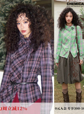 化学少女「蔓溯」不规则翻领磨毛格子长袖衬衫女上衣内搭收腰合身