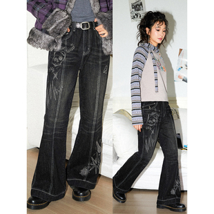 化学少女X2「电子续曲」复古摩登印花微喇做旧水洗牛仔裤 宽松显瘦