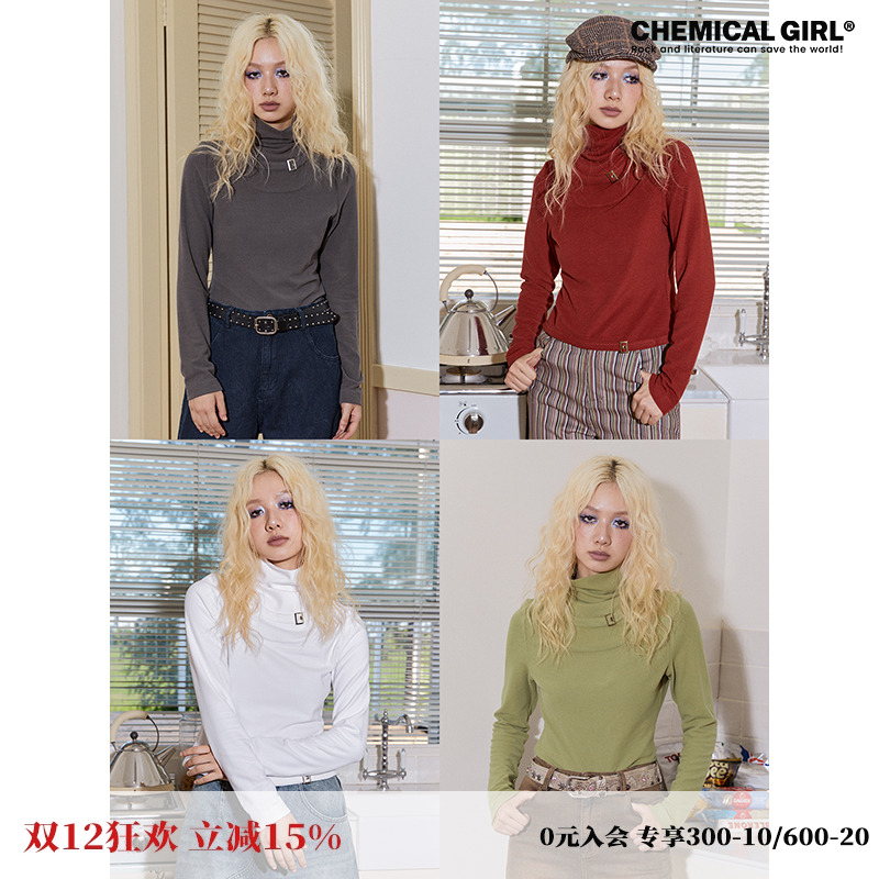 化学少女高领基础拼接长袖打底衫