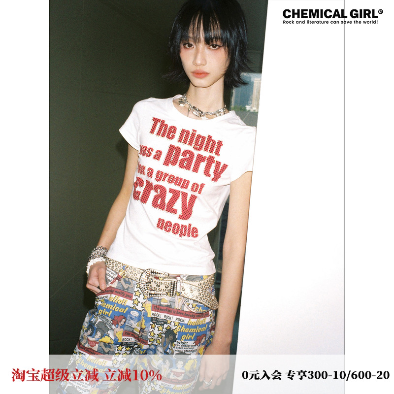化学少女「菠萝海岸」crazy波点字母印花短袖T恤女夏显瘦ins上衣
