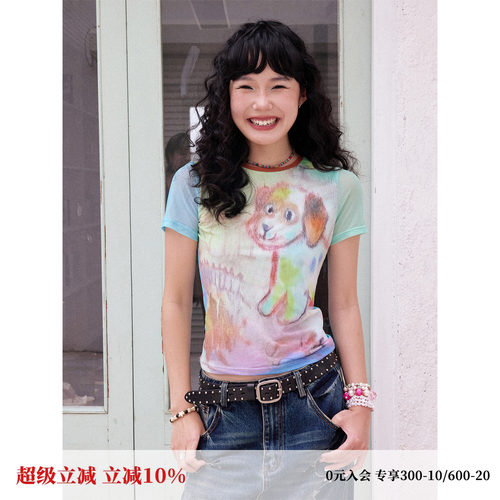 涂鸦小狗网纱T恤女夏新品