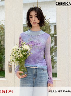 假两件撞色小高领网纱印花T恤女