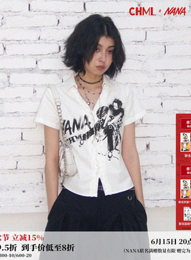 化学少女×NANA联名 白色夏季V领印花花边短袖衬衫女亲肤透气上衣