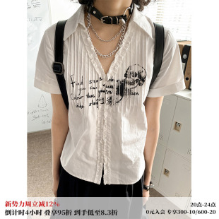 V领短款 衬衫 显瘦上衣 印花捏褶正肩短袖 化学少女「摇滚诗社」夏季