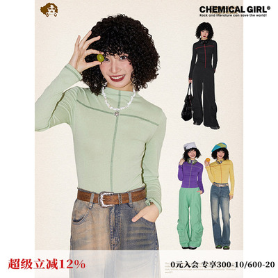 化学少女高领撞色线迹长袖T恤