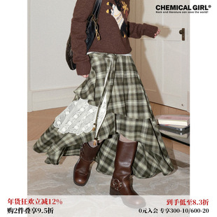 化学少女「森屿」不规则拼接蕾丝复古格子半身裙梨形秋冬伯克利裙