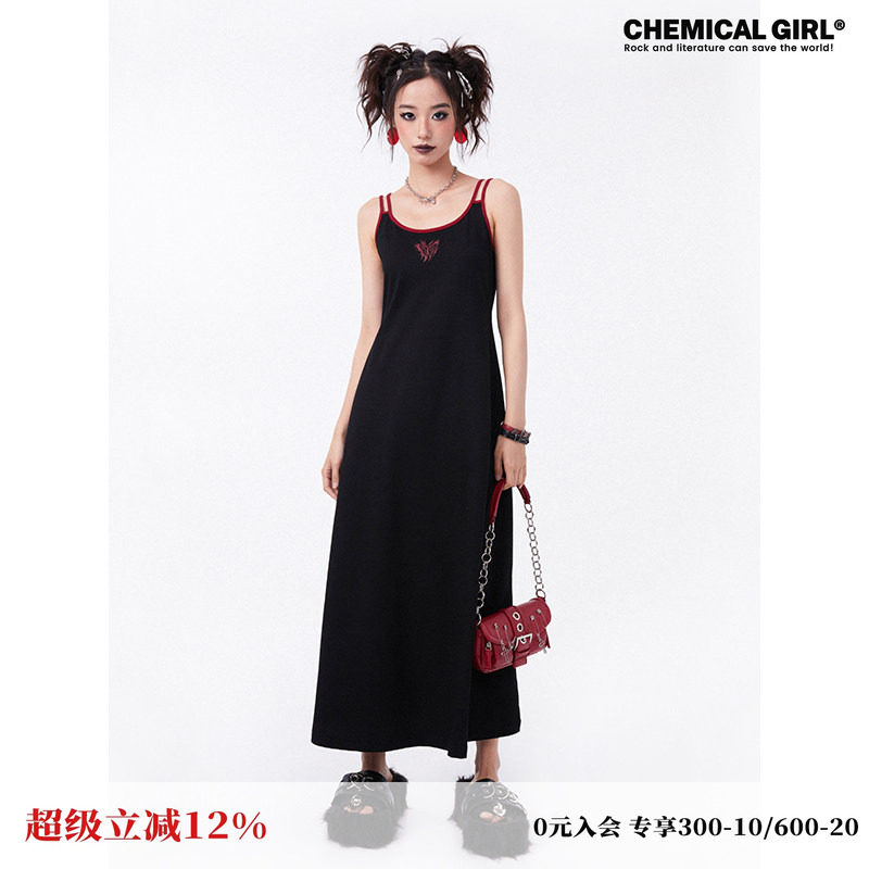 化学少女「蝴蝶祷告」复古气质黑色a字吊带连衣裙春夏显瘦裙子女