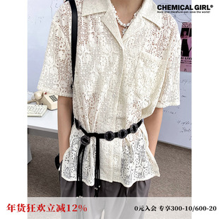 化学少女「白日梦游」 夏季复古蕾丝短袖衬衫经典古巴领宽松上衣