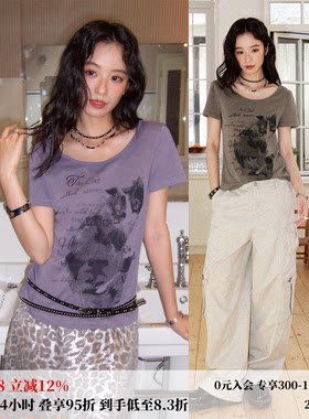 复古风猫咪印花修身短袖T恤女夏
