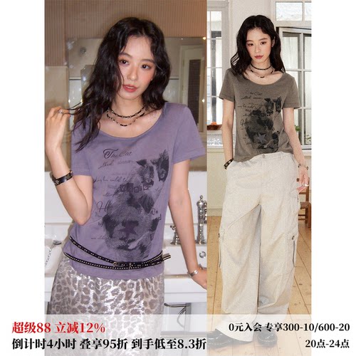 复古风猫咪印花修身短袖T恤女夏