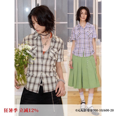 彩色复古格子掐褶收腰短袖衬衫女