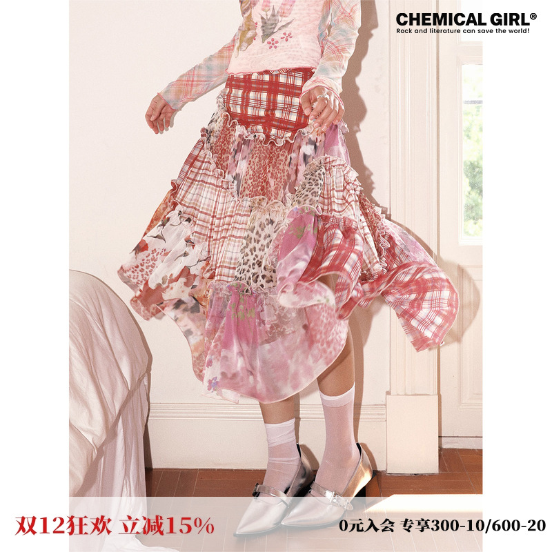 拼接格子印花休闲半裙女