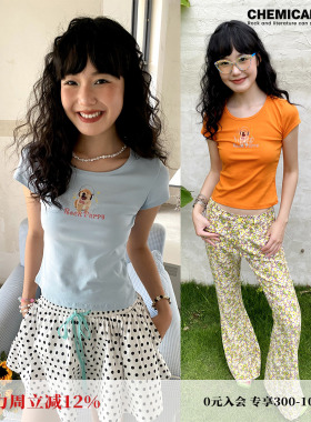 化学少女「摇滚小狗」印花音乐小狗短袖短上衣T恤圆领休闲女夏