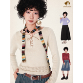 半开襟修身 化学少女「花圃日记」 复古半开领绑带挑孔毛织衫 毛衣