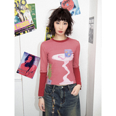 上衣打底衫 化学少女「古早屋」桌子盆栽条纹拼接长袖 T恤女春季