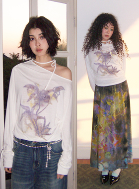 化学少女 「雾兰集」兰花印花斜肩系带长袖T恤女气质遮肉显瘦上衣