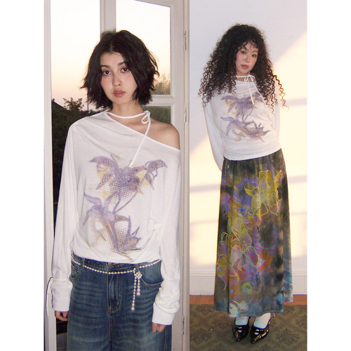 兰花印花斜肩系带长袖T恤