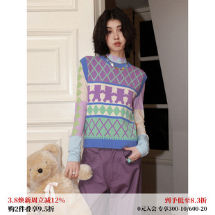 化学少女「小熊华夫饼」复古撞色提花针织马甲背心女童趣可爱上衣