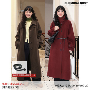 化学少女「廓然」羊毛双面呢子大衣女红色长款冬季厚外套小个子