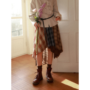 化学少女「悬停 颜色」复古松紧腰拼接不规则格子半裙设计感裙子