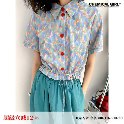 花边抽绳宽松短绣印花短袖T恤