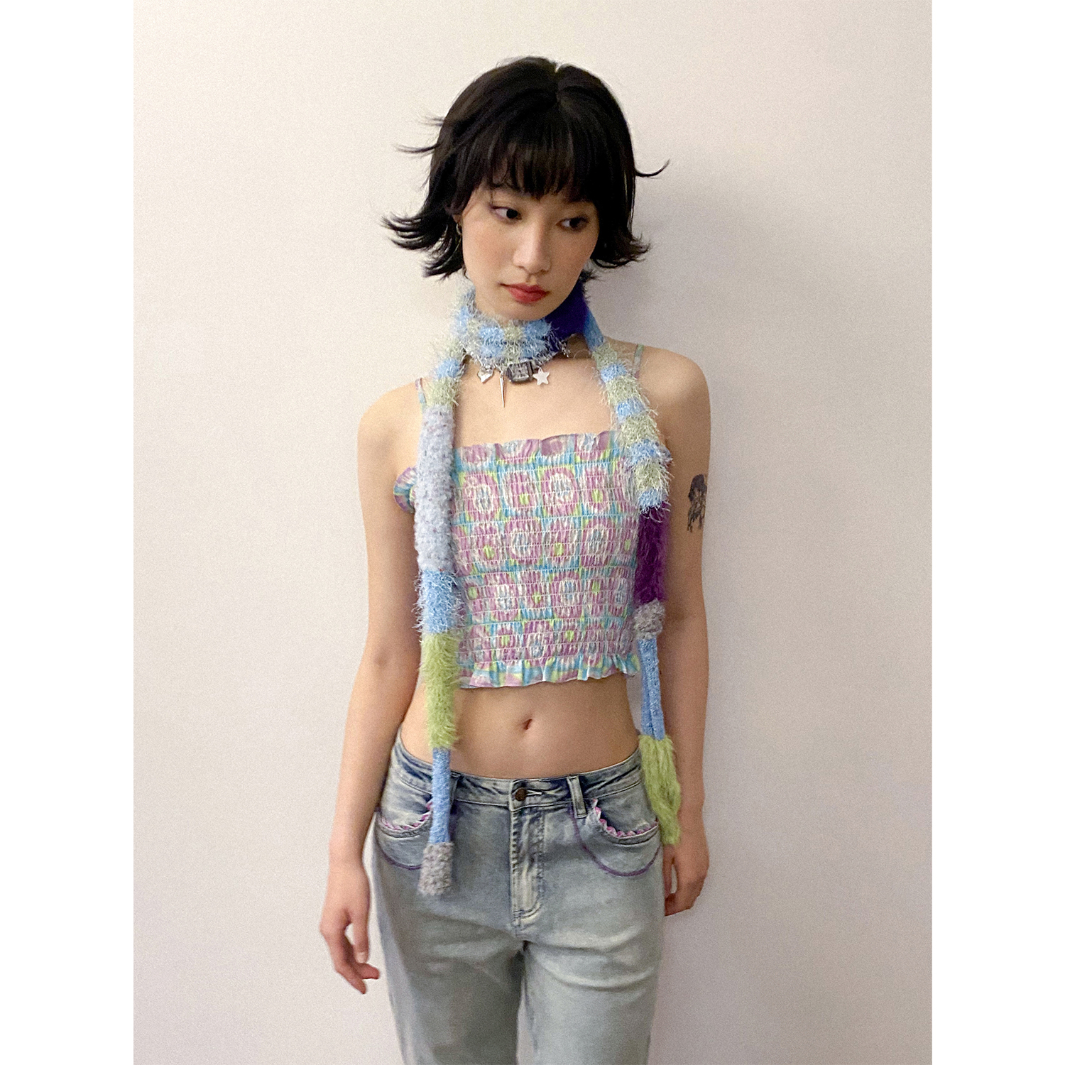 春日游园会腊肠细围巾女拼接慵懒