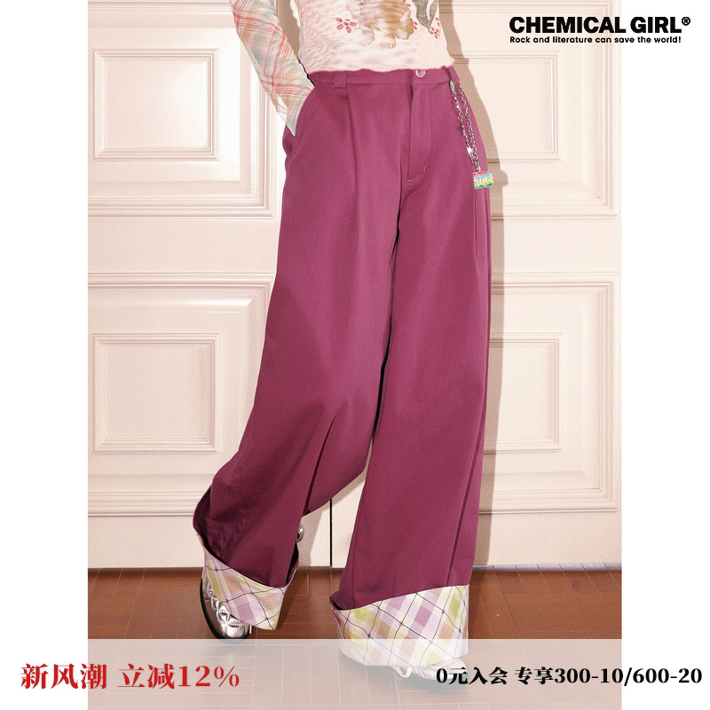 复古格纹翻边阔腿休闲长裤子女