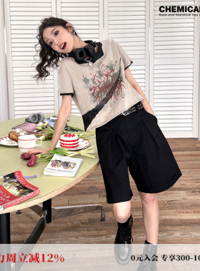 化学少女「爆裂鼓手」印花短袖T恤女夏季设计感短款显瘦上衣