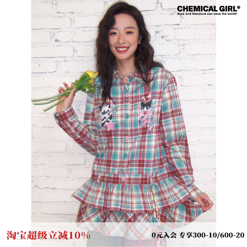 格纹印花长袖衬衫连衣裙女学院风