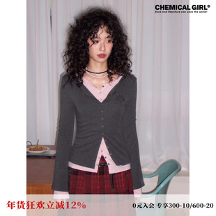 化学少女「间奏曲」假两件绣花长袖T恤女内搭上衣打底衫显瘦百搭