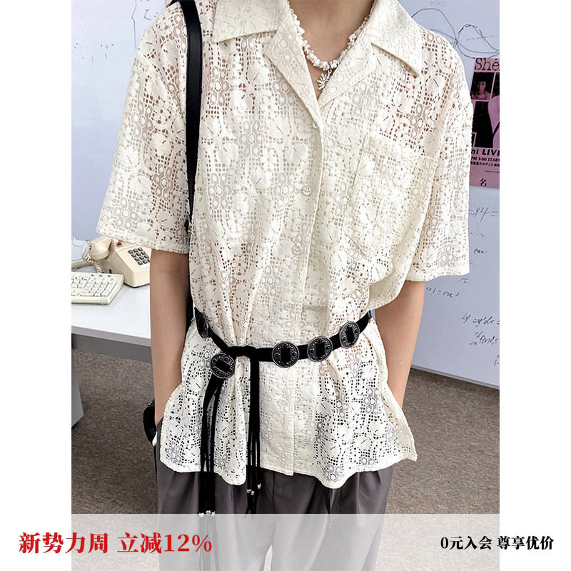 化学少女「白日梦游」 夏季复古蕾丝短袖衬衫经典古巴领宽松上衣