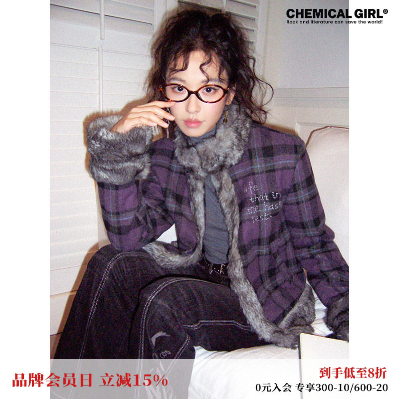 化学少女「少女的旁白诗」立领设计紫色格子拼接冬季短款棉服外套,女装/女士精品,短外套,淘宝优惠券,粉丝福利购,淘宝优惠卷