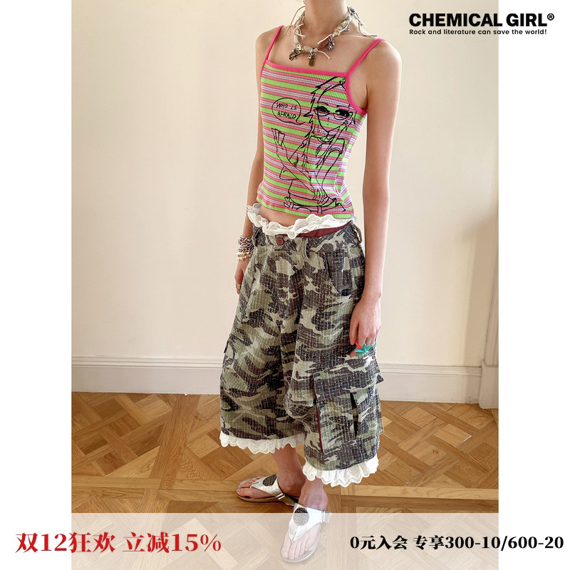 碳酸心情打牌女孩粉绿条纹吊带