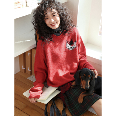红色小猫图案秋毛衣外套女
