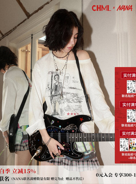 化学少女×NANA联名 复古早春宽松印花长袖T恤女毛边设计百搭上衣
