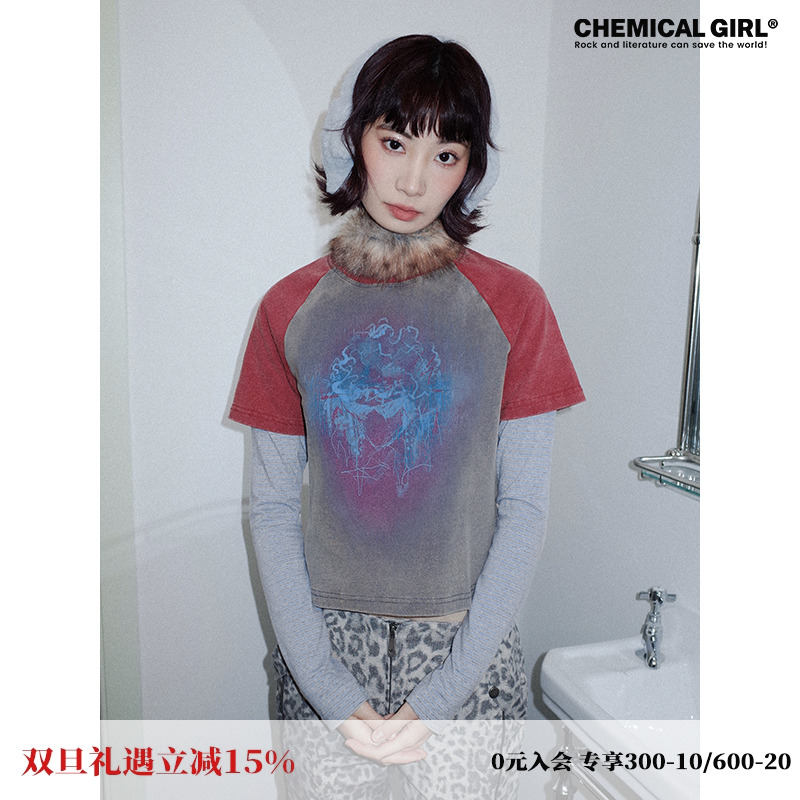 化学少女「新浪潮实验」水洗假两件插肩袖条纹拼接印花长袖T恤女