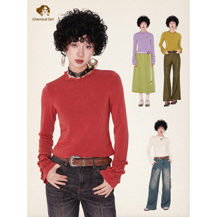 化学少女「曲线回廊」绣花早春长袖 上衣 T恤女木耳花边内搭打底衫