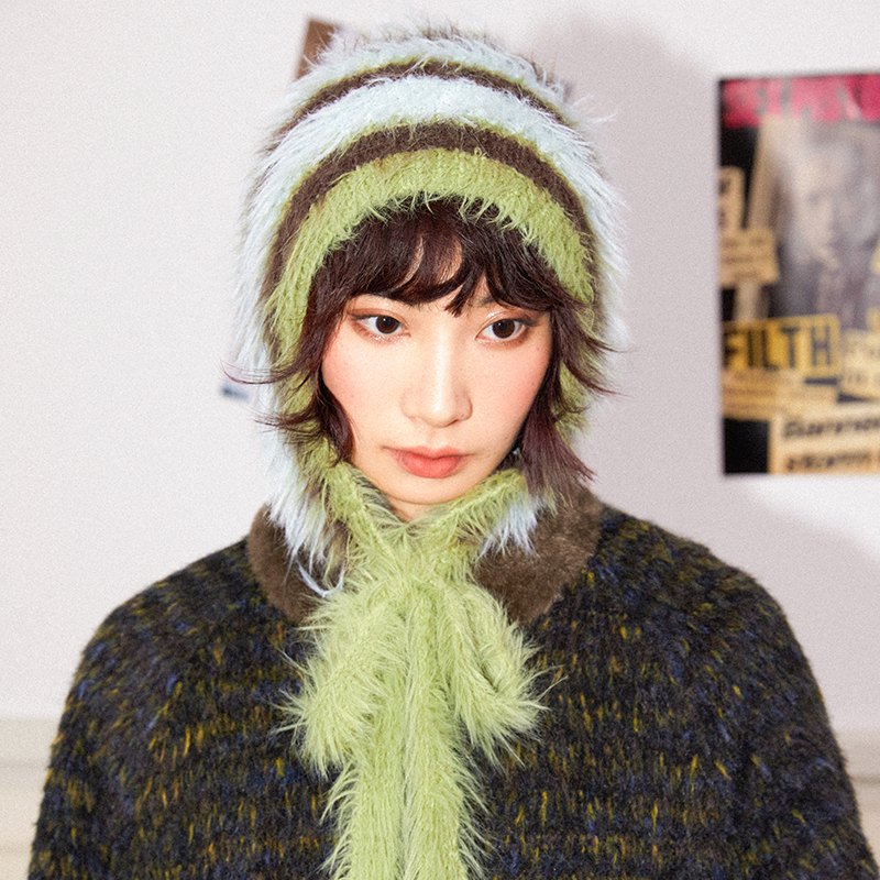 化学少女「苔藓狂想」冰淇淋配色长毛仿貂毛蓝棕绿条纹帽冬季保暖