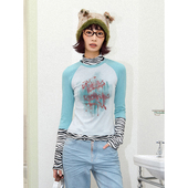 化学少女「滑稽滑稽」插肩袖 T恤 子印花长袖 小高领上衣修身 拼接袖