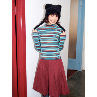 化学少女「蓝色电台」复古显瘦条纹绣花小高领紧身打底长袖 T恤女