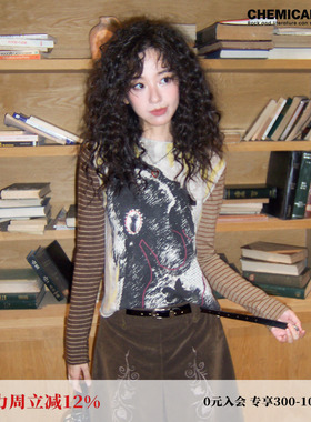 化学少女「戴耳环的女人」复古毛织修身内搭印花长袖T恤上衣女