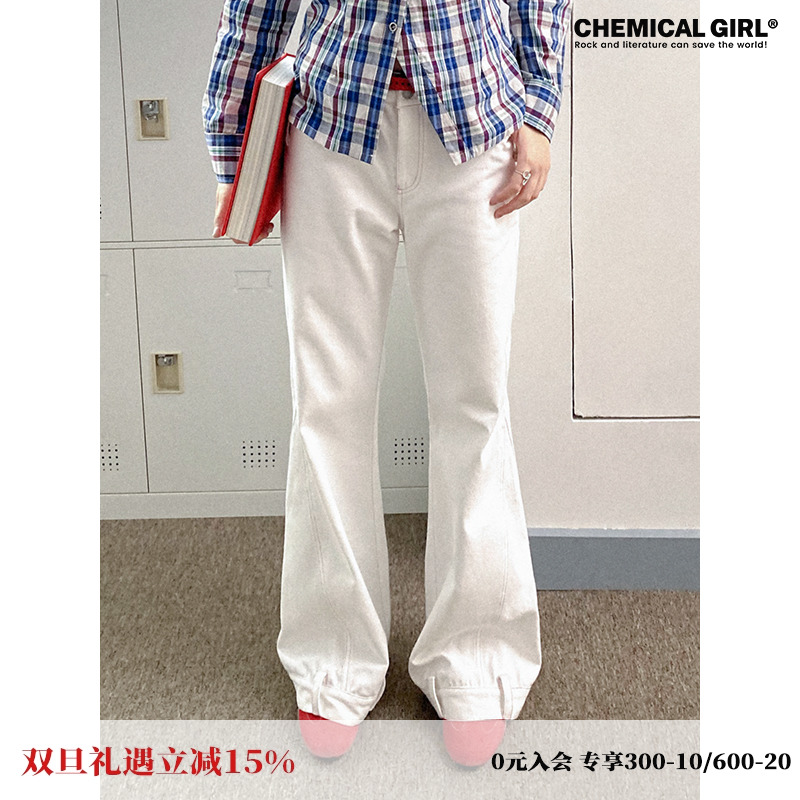 化学少女宽松粉色车线白牛仔长裤