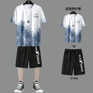短裤运动服大码短袖宽松跑步薄款冰丝套装扎染男网眼夏季t恤速干
